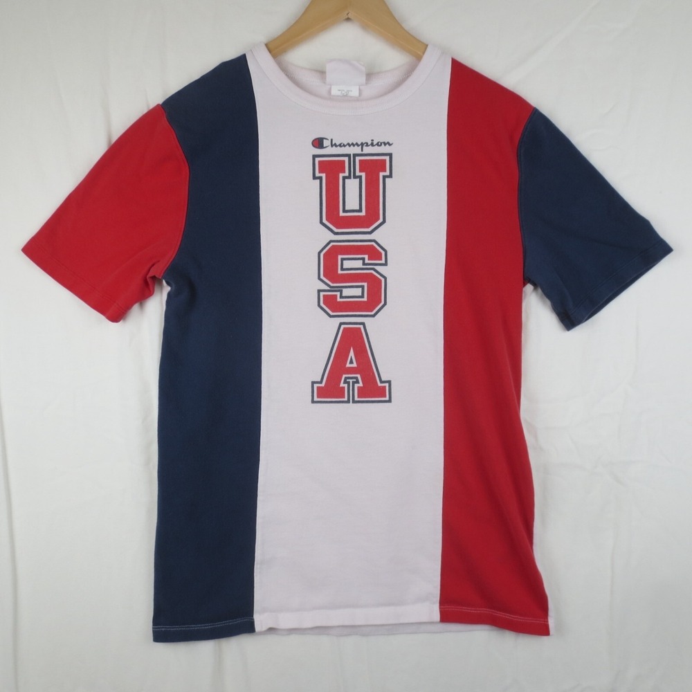 Champion USA T Shirt Mens M Red White Blue Colorblock Short Sleeve Retro 90s